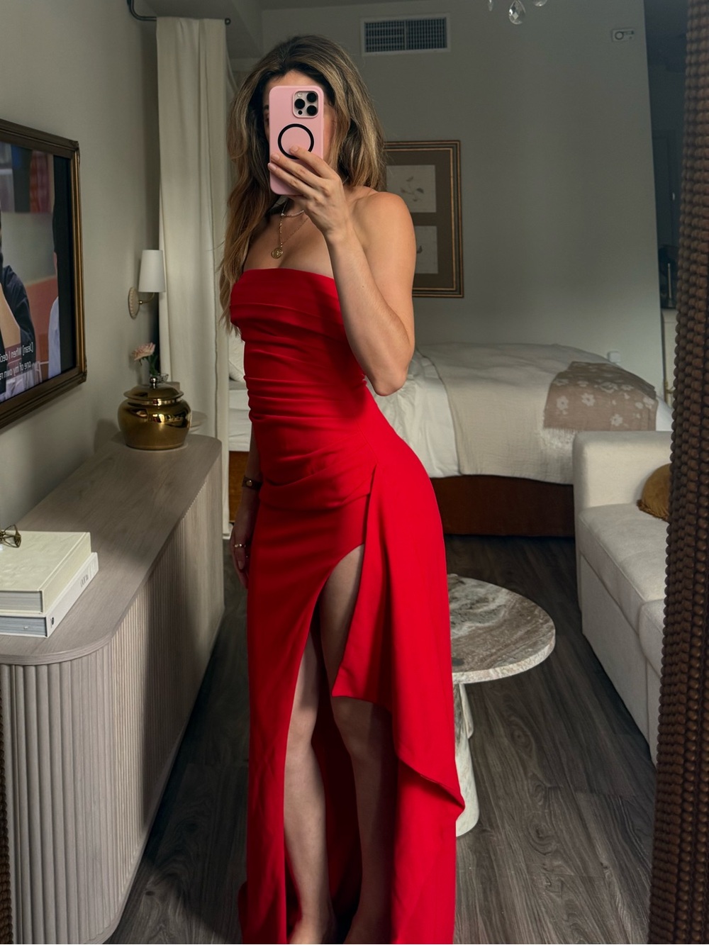 Babyboo Zafira Red Strapless Ruched Thigh Slit Maxi Formal Dress S NWT - Picture 2 of 11